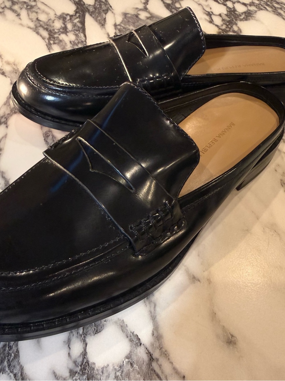 Banana Republic Black Leather Penny Loafer Slide Mules Women's Size 7 M Slip On